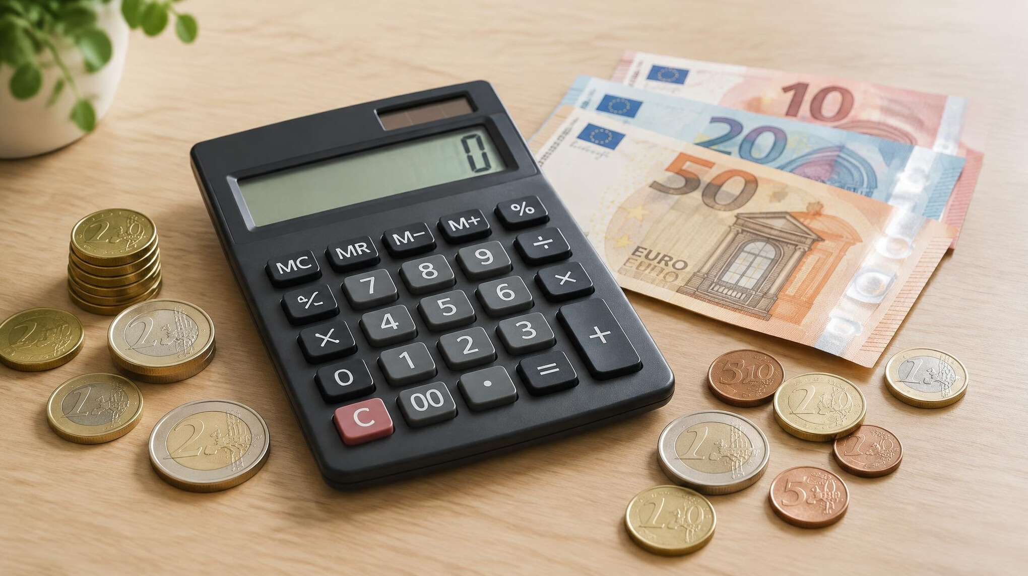 Calculator with coins and banknotes