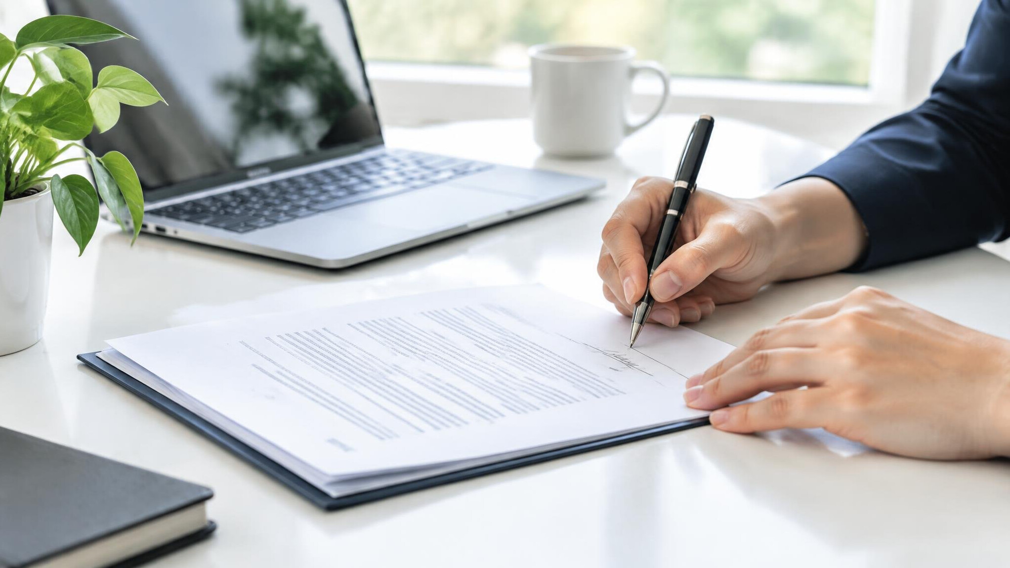 Reviewing and signing documents at a desk